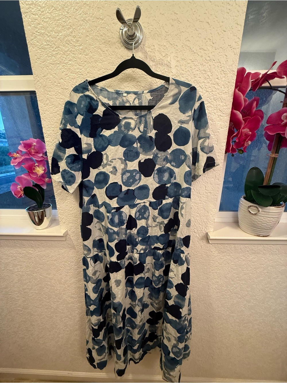 Lagenlook Inspired Blue Abstract Print Tiered Maxi Dress Cotton Blend S- Large - Picture 3 of 17